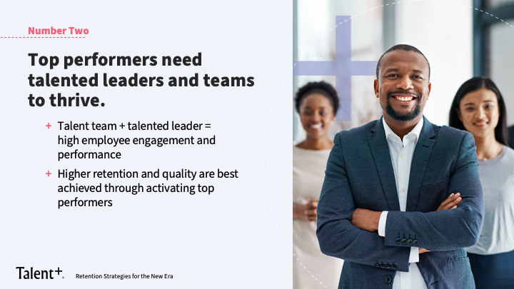 Top performers need talented leaders and teams to thrive. 
+ Talented team + talented leader = high employee engagement and performance 
+ Higher retention and quality are best achieved through activating top performers 