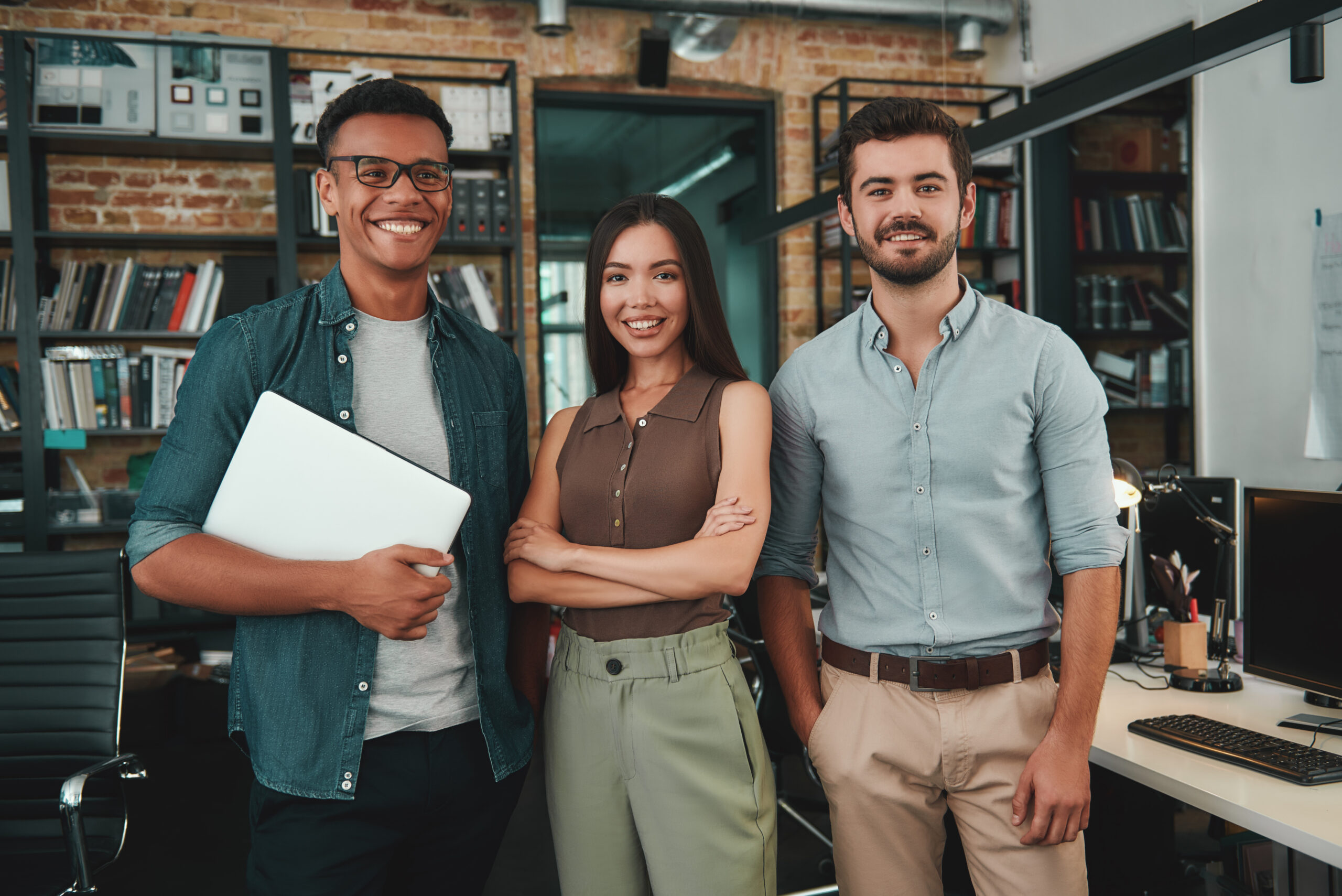 Happy employees working together.