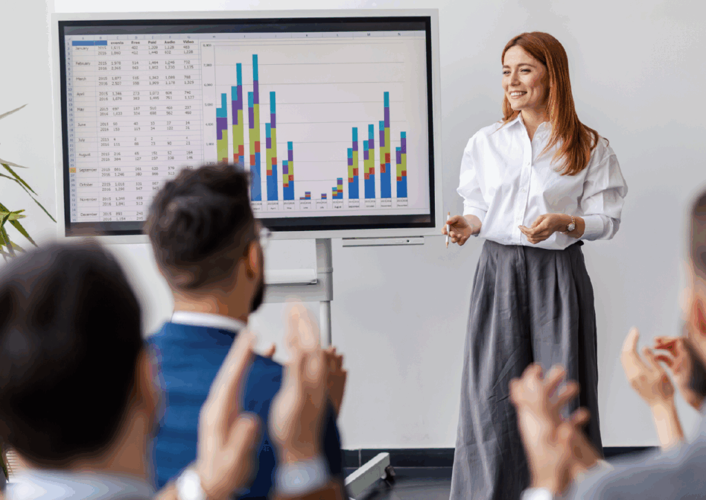 woman giving a financial presentation at work